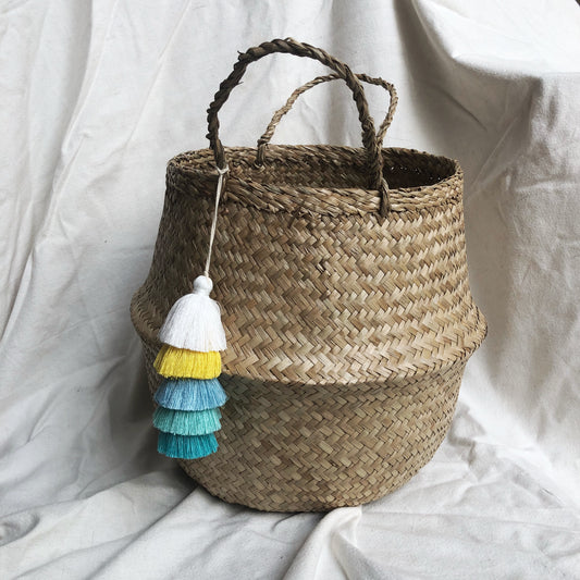 Tassel Tower Basket - White/Yellow/Blue